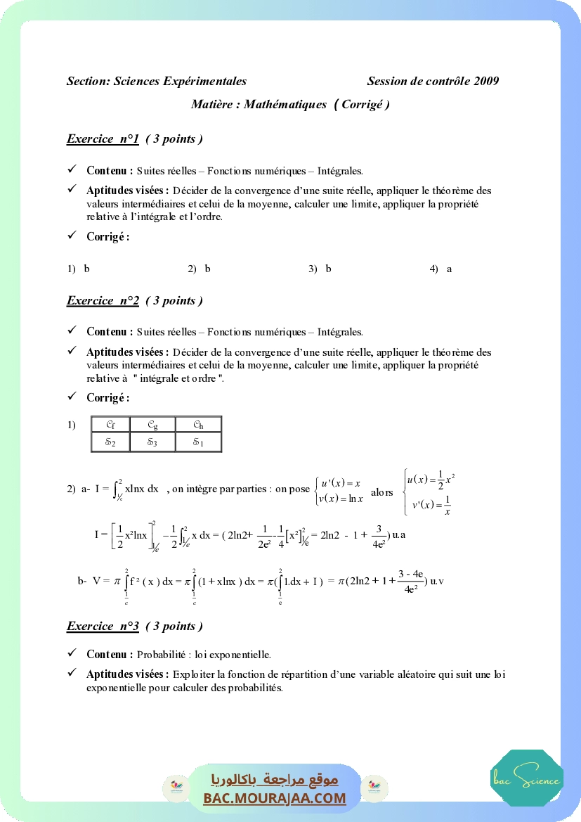 Corrigé controle math Bac 2009 – Section science